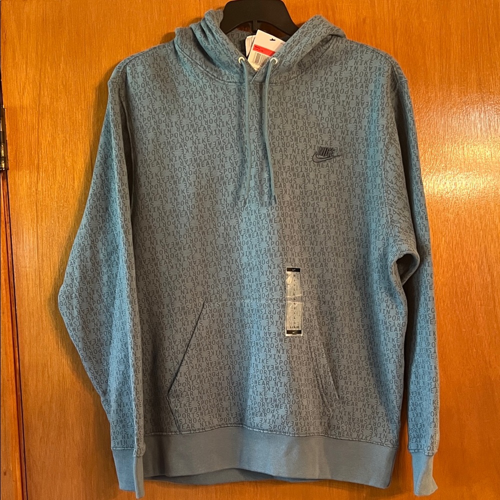 Nike All Over Print Logo Hoodie Blue Grey Mens Lg HV4615-006 NWT - MSRP: $75